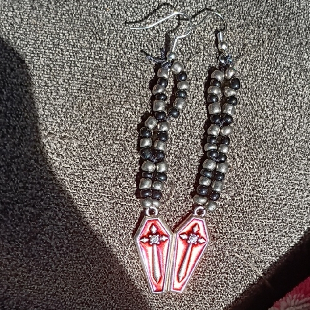 Silver and Red Beaded Coffin Earrings